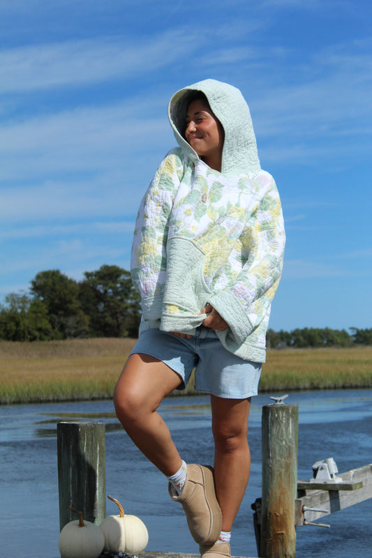 light green and yellow vintage patterned quilted hoodie