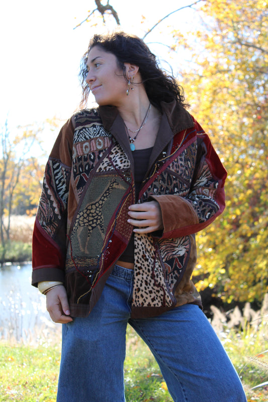Animal patterned brown jacket with a standout, edgy design.