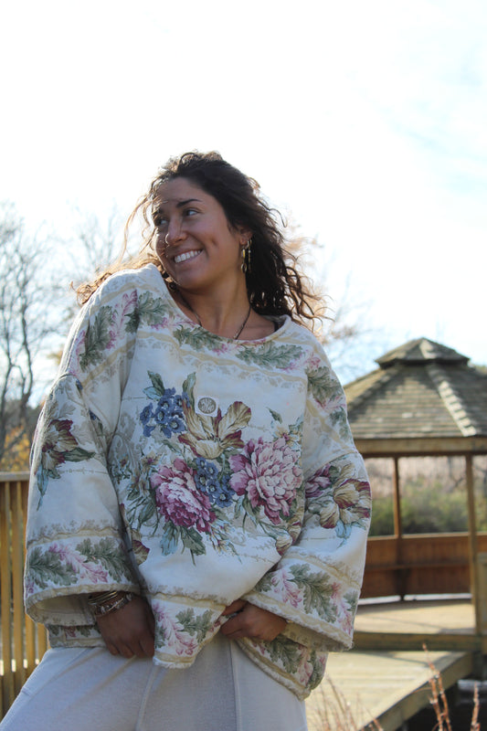Sustainable handmade crewneck created from a repurposed vintage floral comforter.