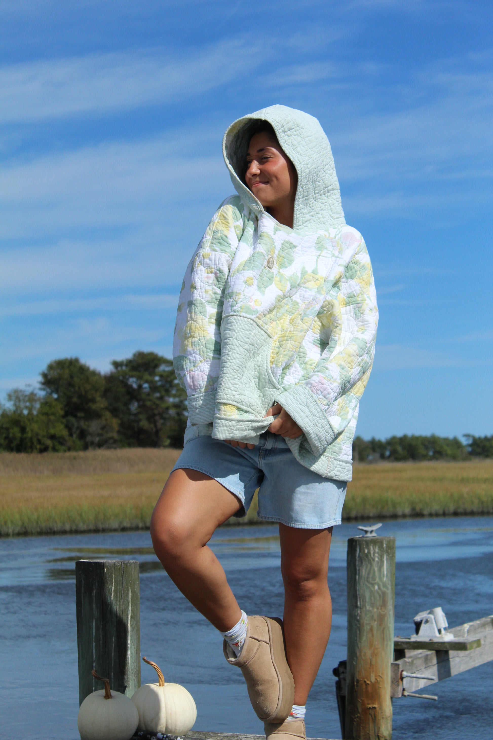 light green and yellow vintage patterned quilted hoodie