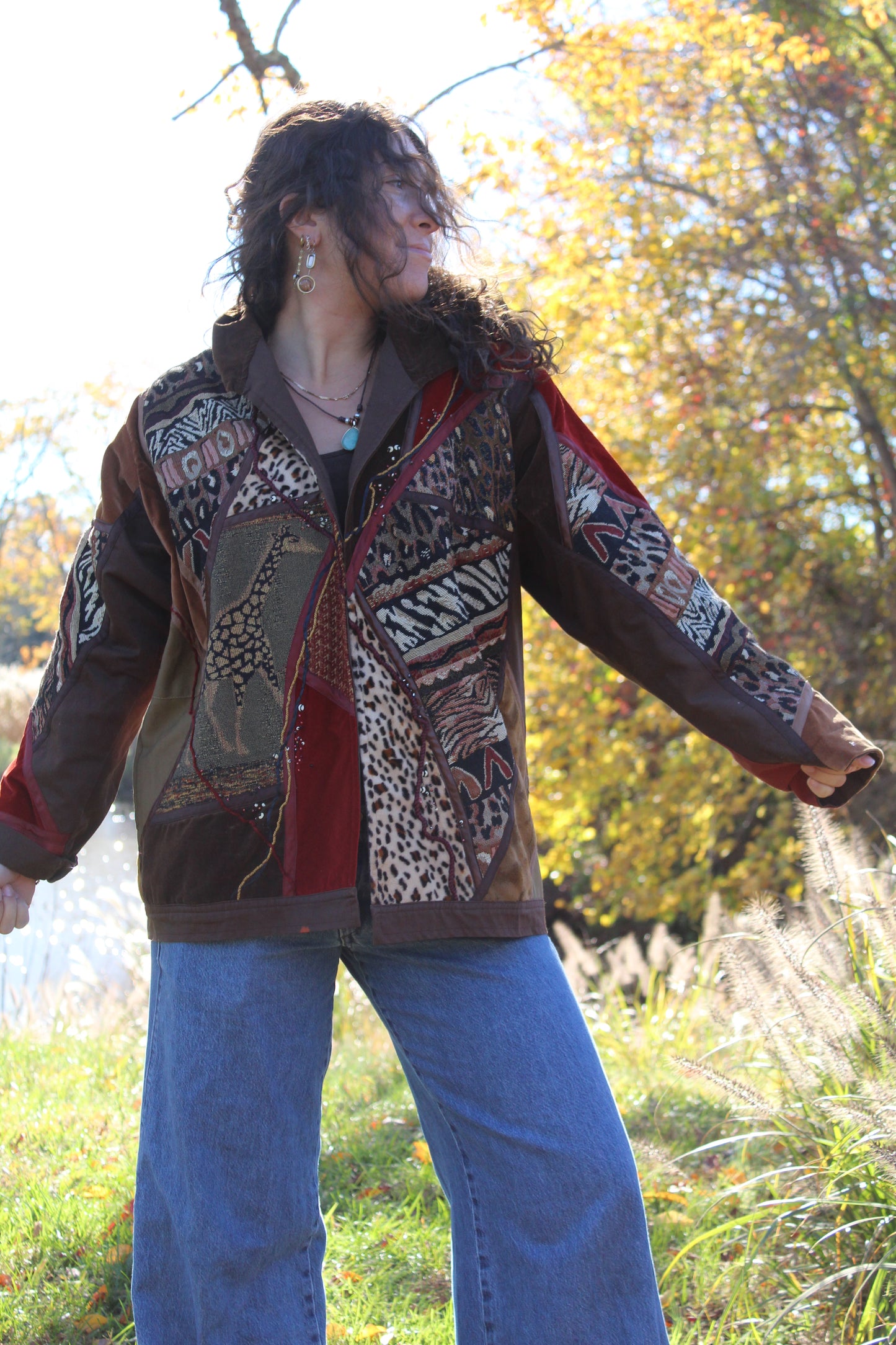 Brown jacket with bold animal patterns and a super cool vintage look.