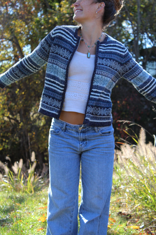 Blue patterned sweater with a front zipper and cozy knit texture.