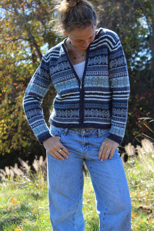Front view of a blue zip-up sweater featuring a bold woven pattern.