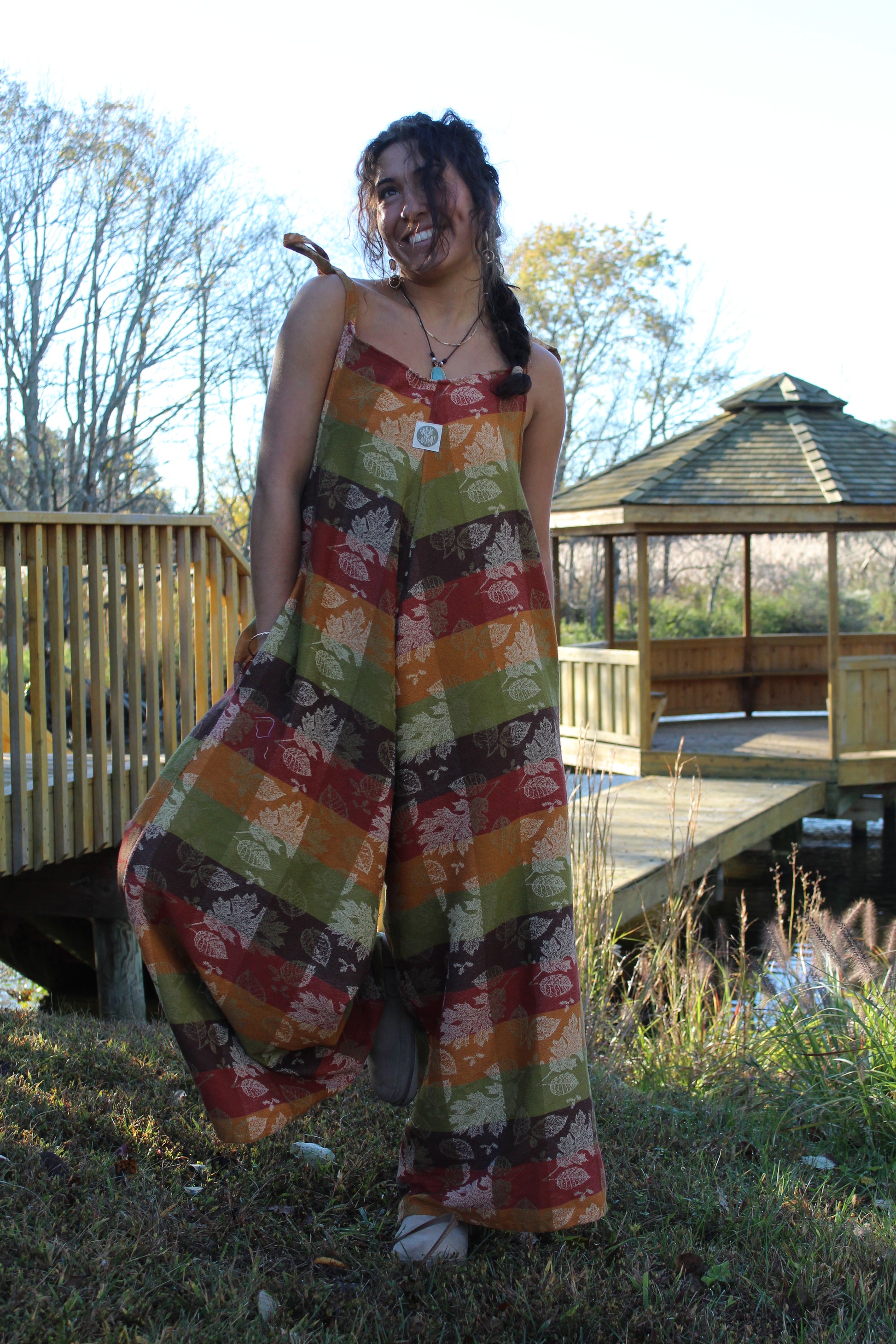 Cozy autumn jumpsuit with a vintage-inspired print, repurposed from an old tablecloth.
