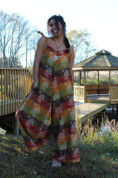 Cozy autumn jumpsuit with a vintage-inspired print, repurposed from an old tablecloth.