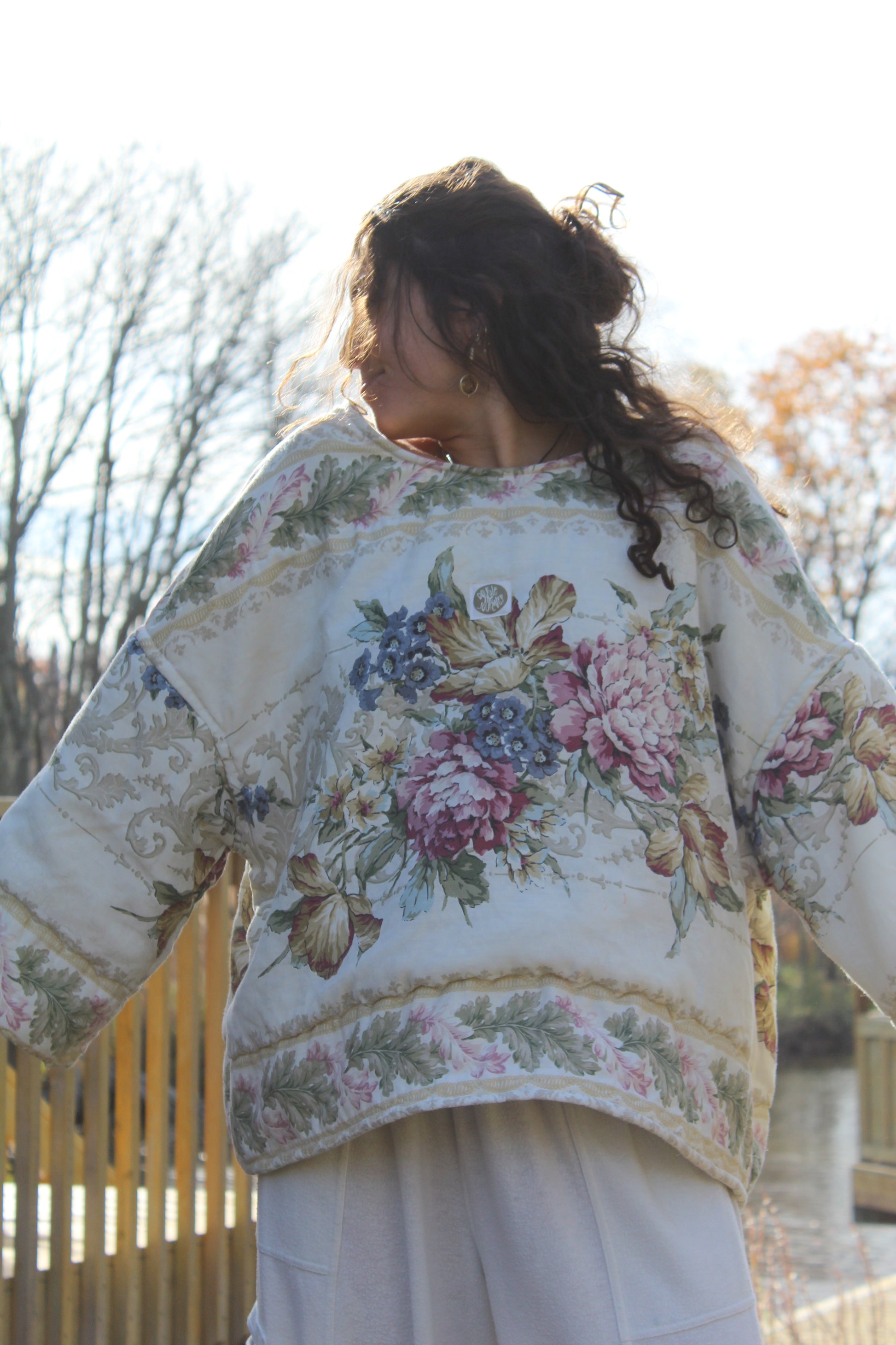 Handmade crewneck made from a vintage comforter with a beautiful floral pattern