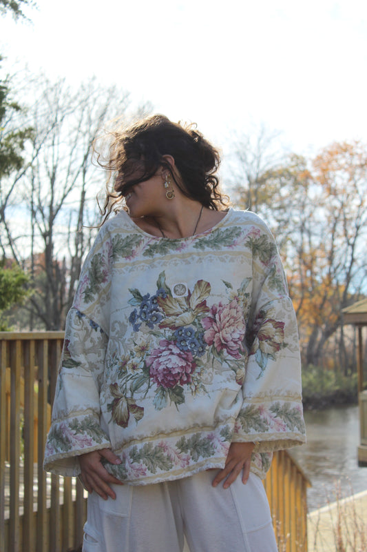 Upcycled floral crewneck crafted from a vintage comforter with soft quilted texture