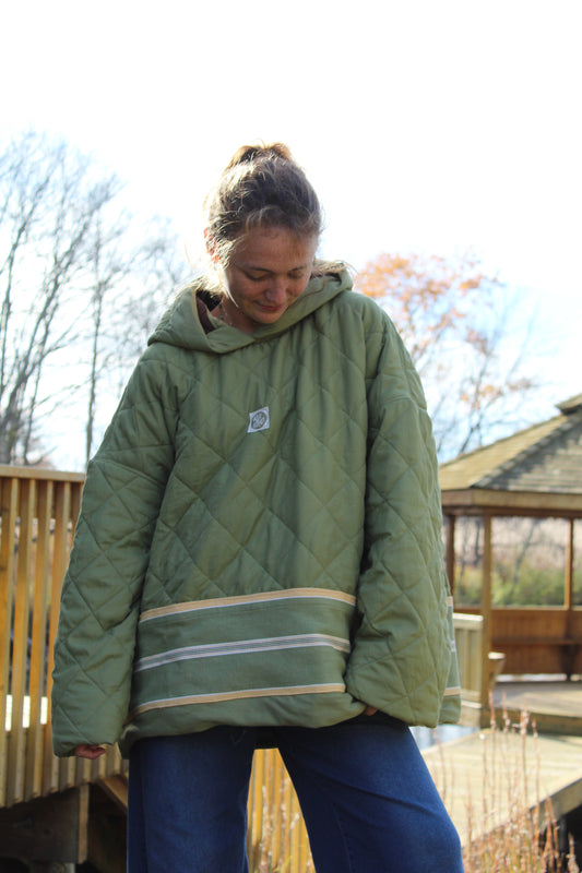 Handmade men’s large green hoodie featuring bold yellow stripe detailing