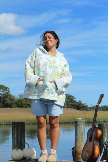 handmade vintage quilted fall hoodie with green and yellow lemon details, striped details, and front pocket