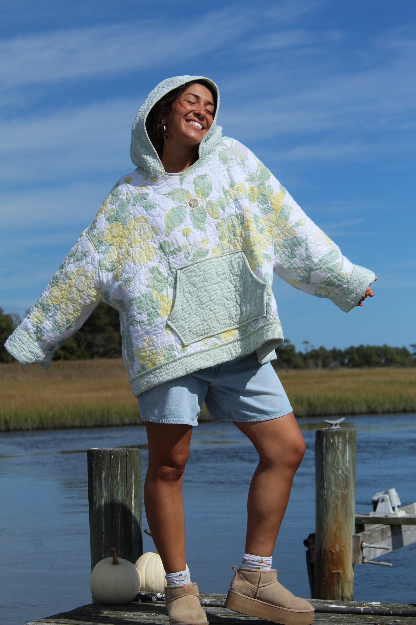 green and yellow handmade quilted hoodie with large front pocket