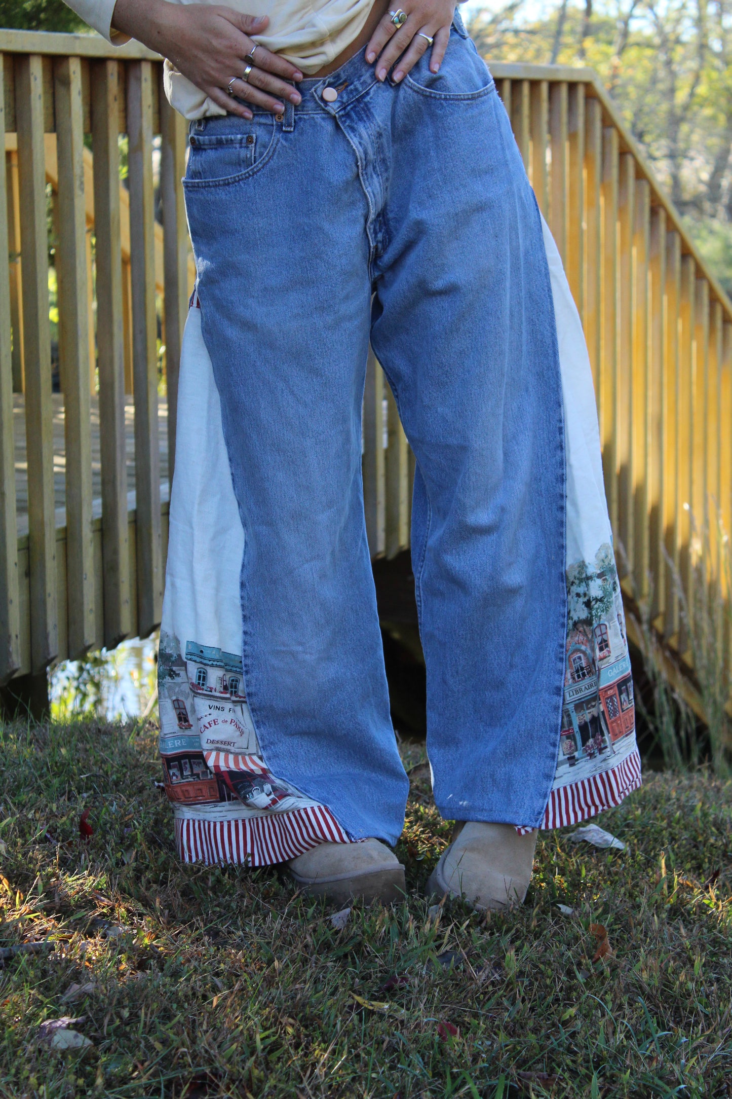 Vintage Levi’s with statement side panels made from an upcycled European picture fabric