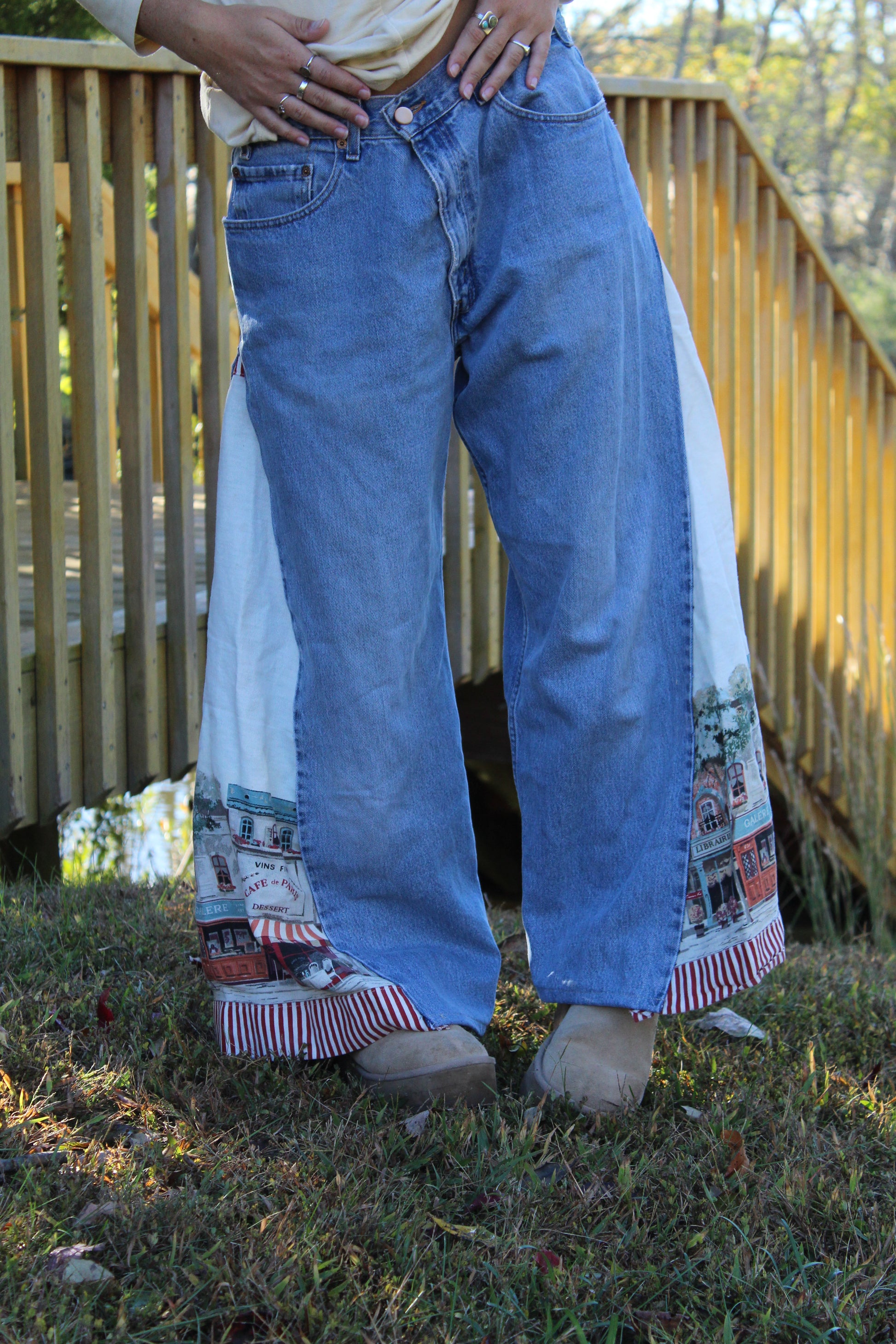 Vintage Levi’s with statement side panels made from an upcycled European picture fabric