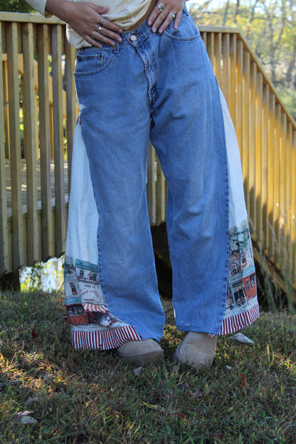 Vintage Levi’s with statement side panels made from an upcycled European picture fabric