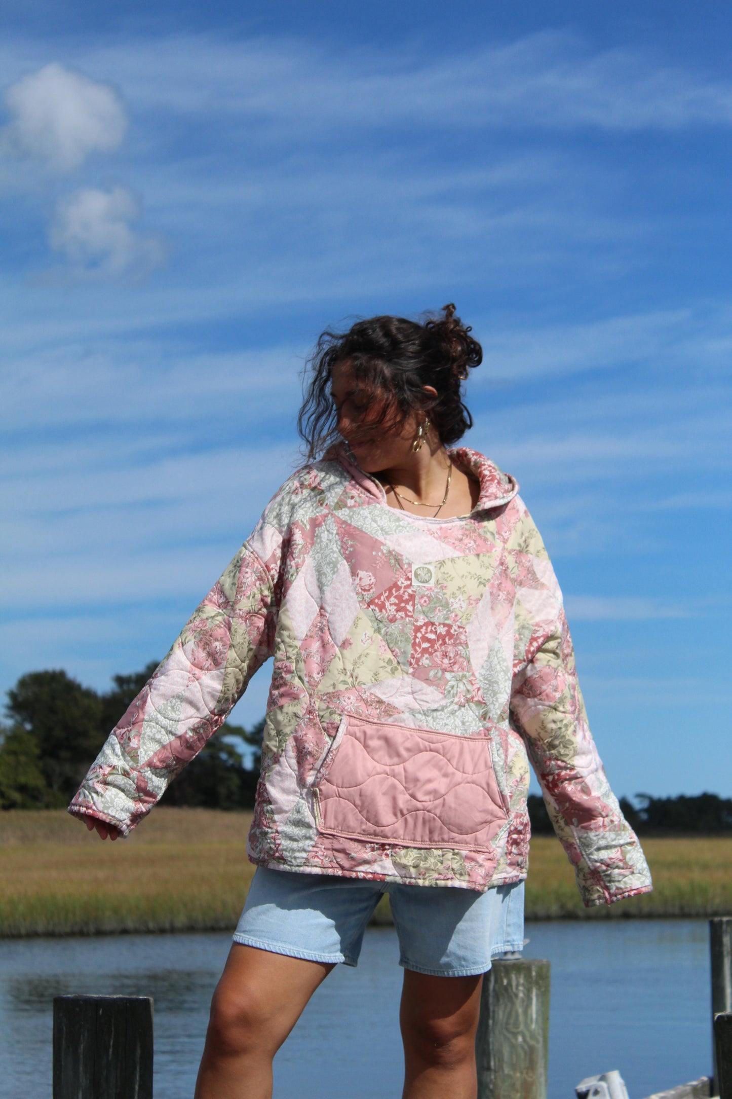 pink floral quilted hoodie, handmade vintage with pink hood and front pocket
