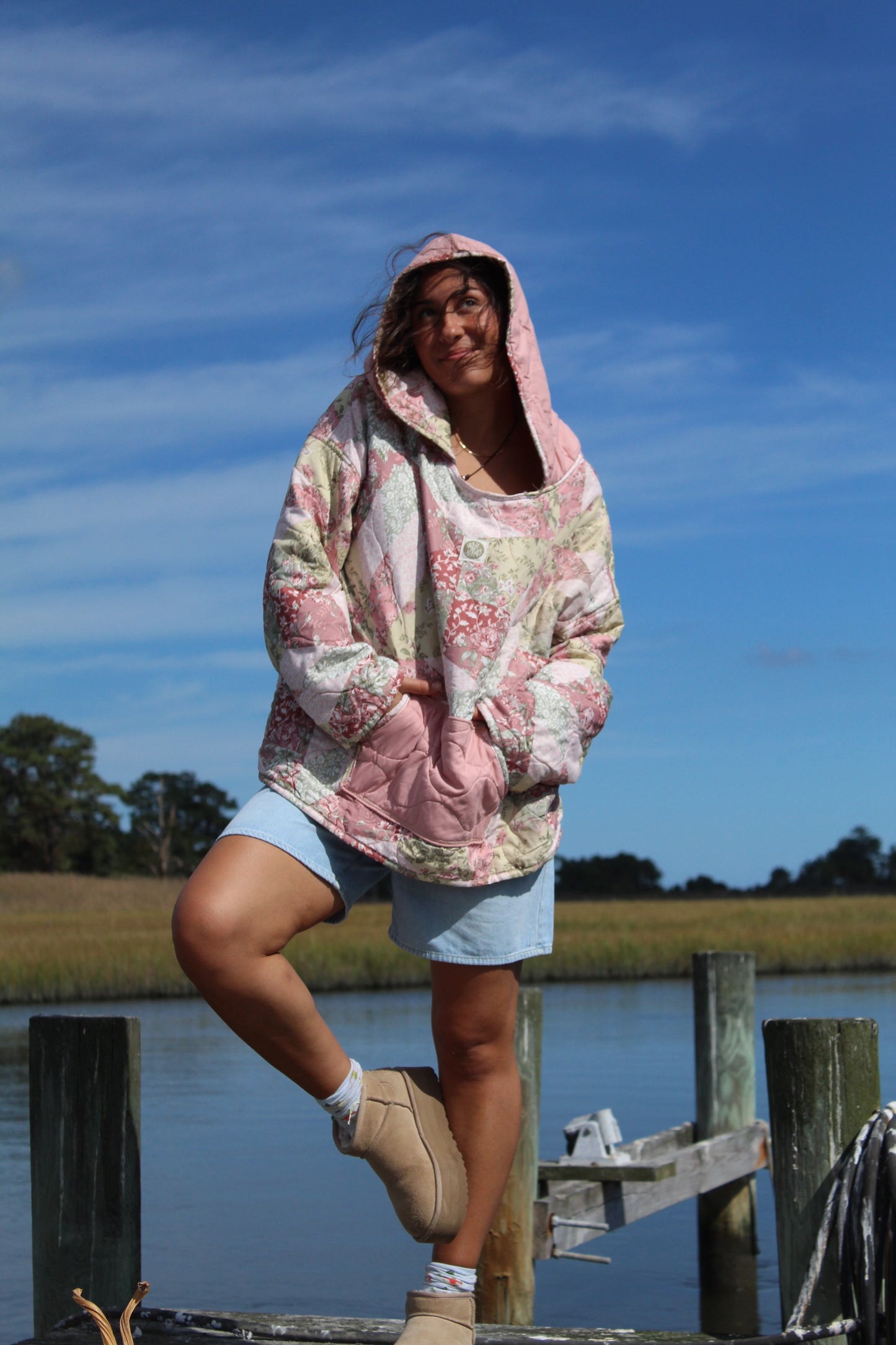 pink floral quilted vintage hoodie with front pocket