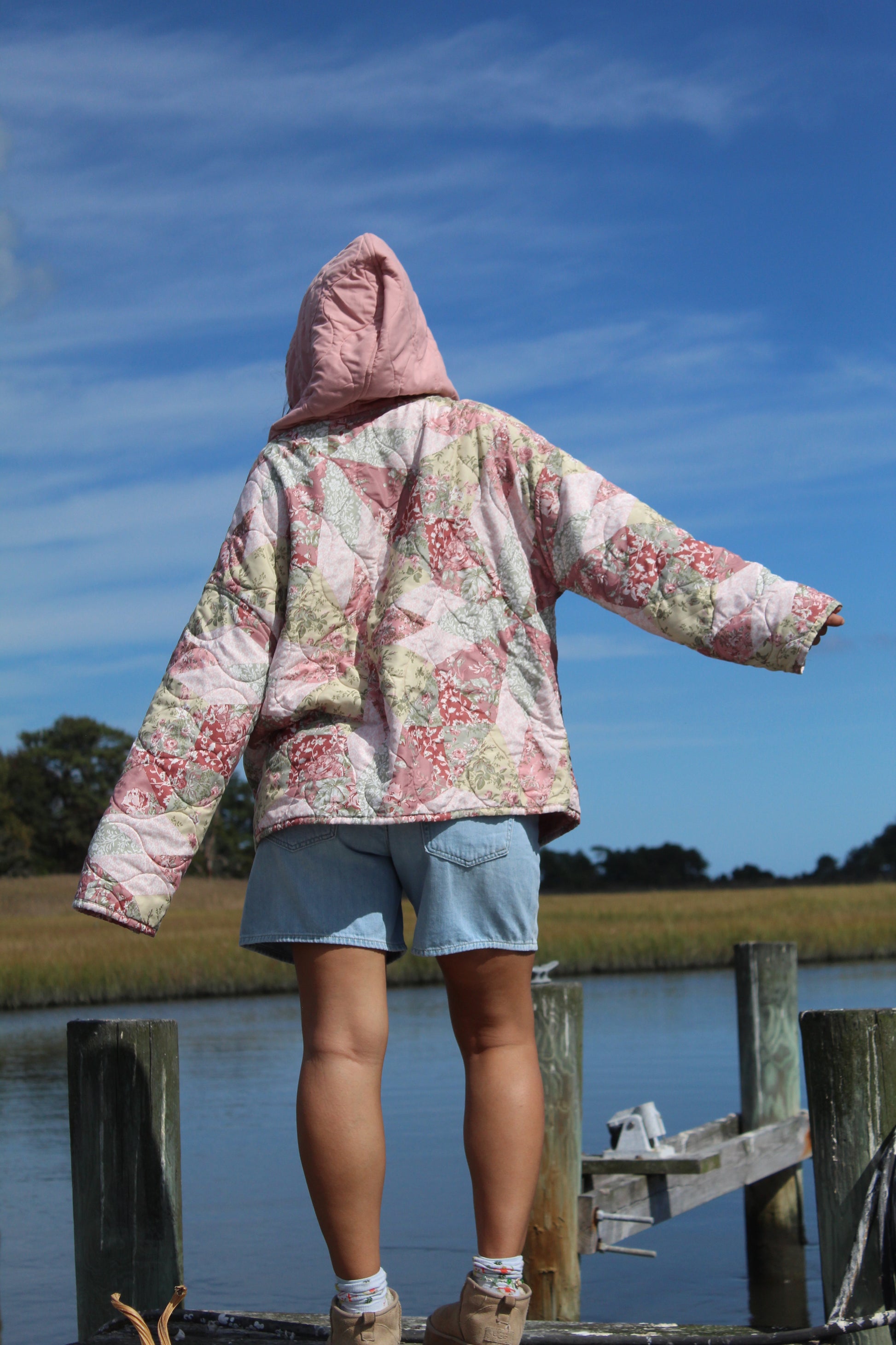 back of pink floral quilted hoodie