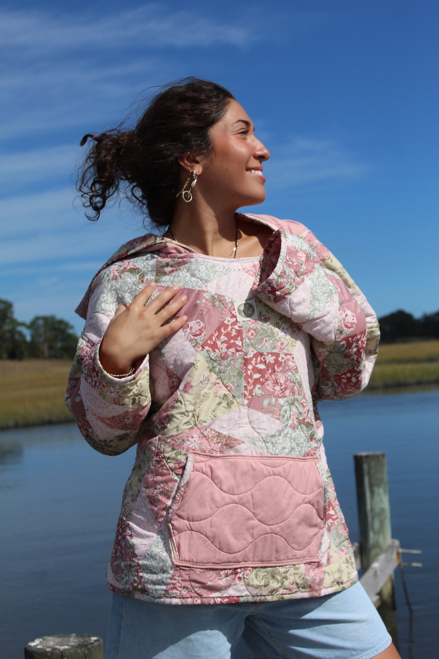patchwork pink and floral quilted hoodie
