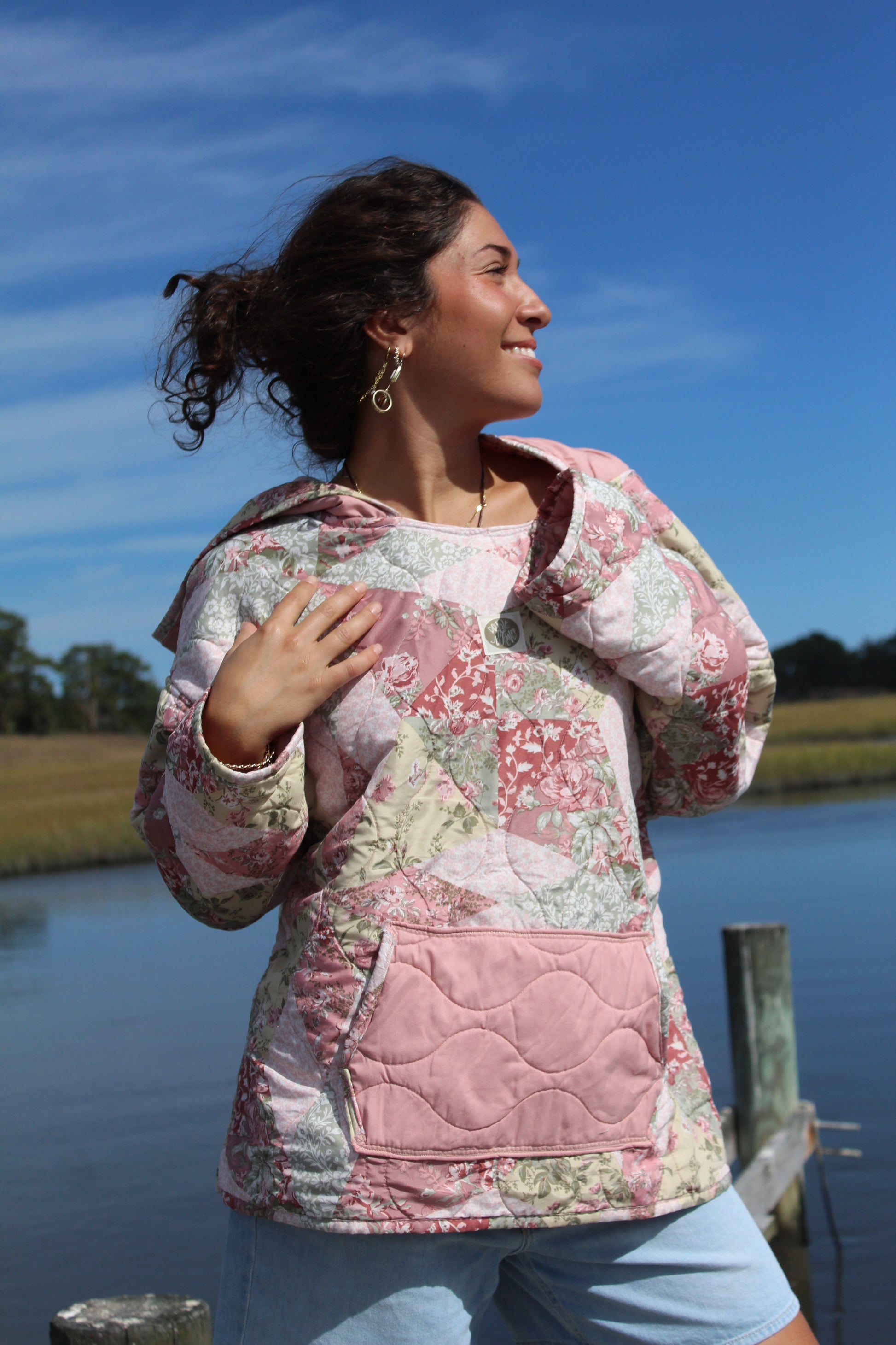 patchwork pink and floral quilted hoodie
