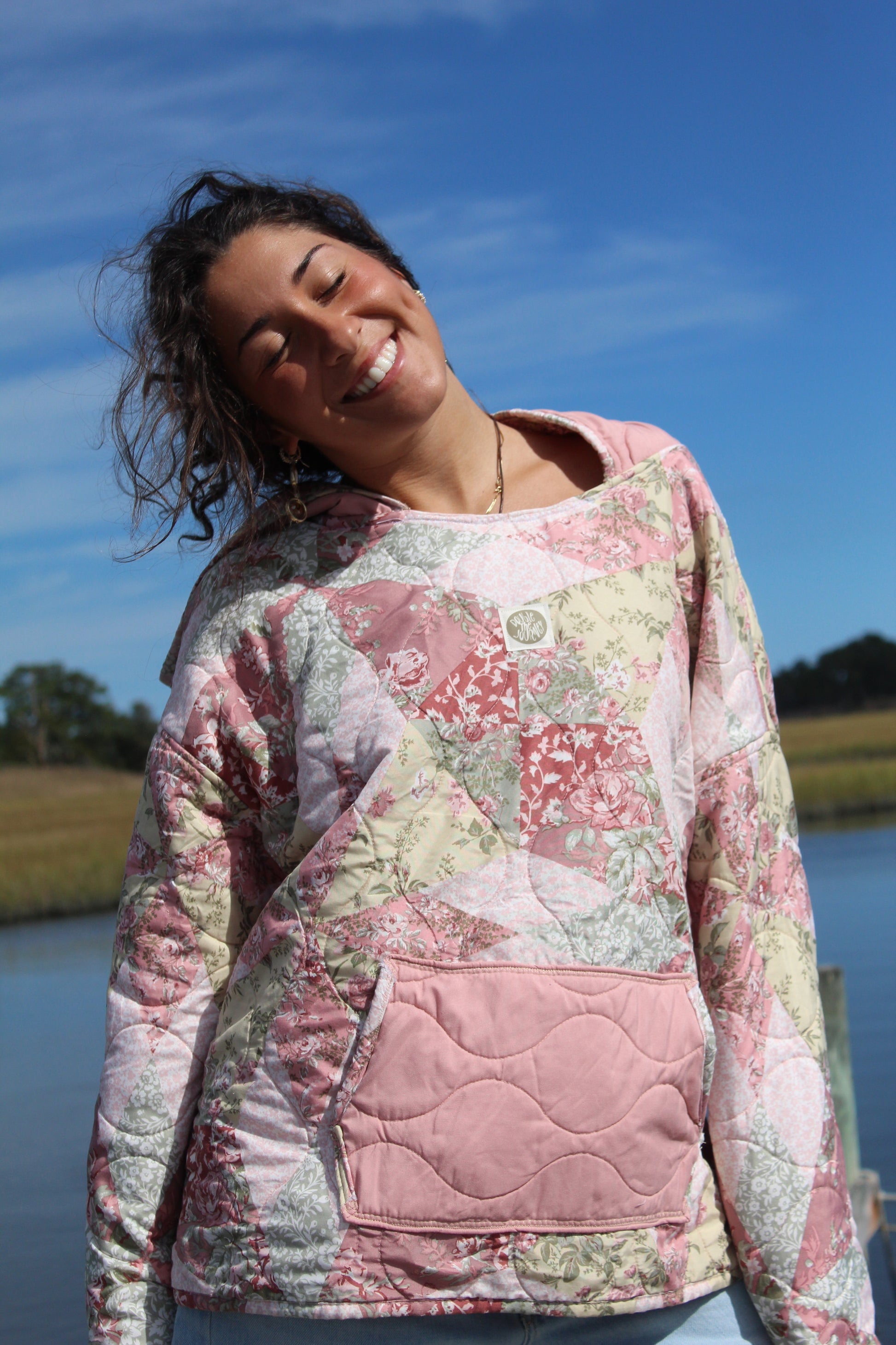 light pink and light green floral quilted sweatshirt