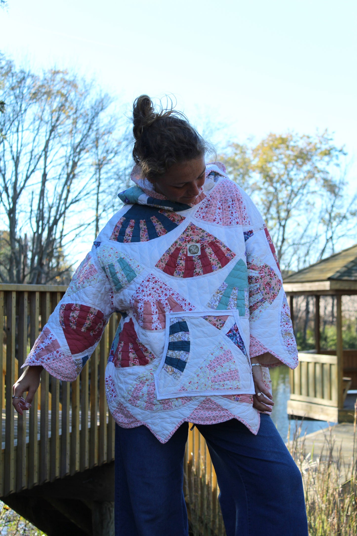 colorful quilted hoodie with front pocket and hood