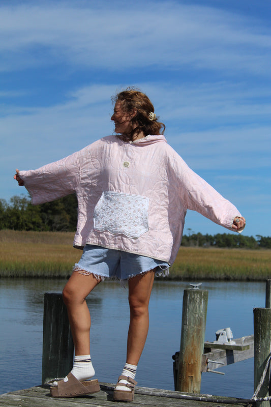 light pink plaid quilted hoodie with floral pocket, soft, light, and oversized