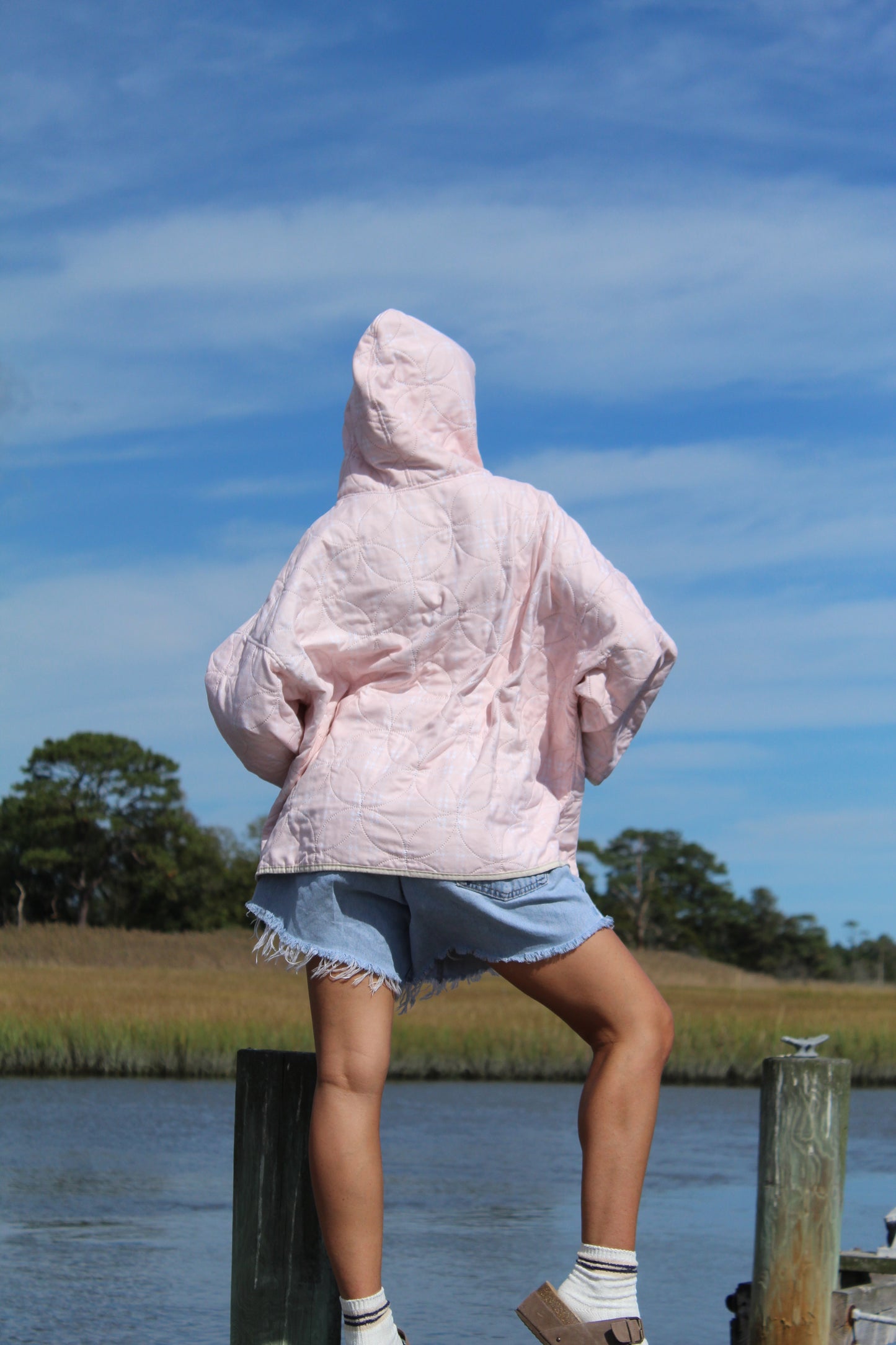 back view of  pink lightweight vintage quilted hoodie