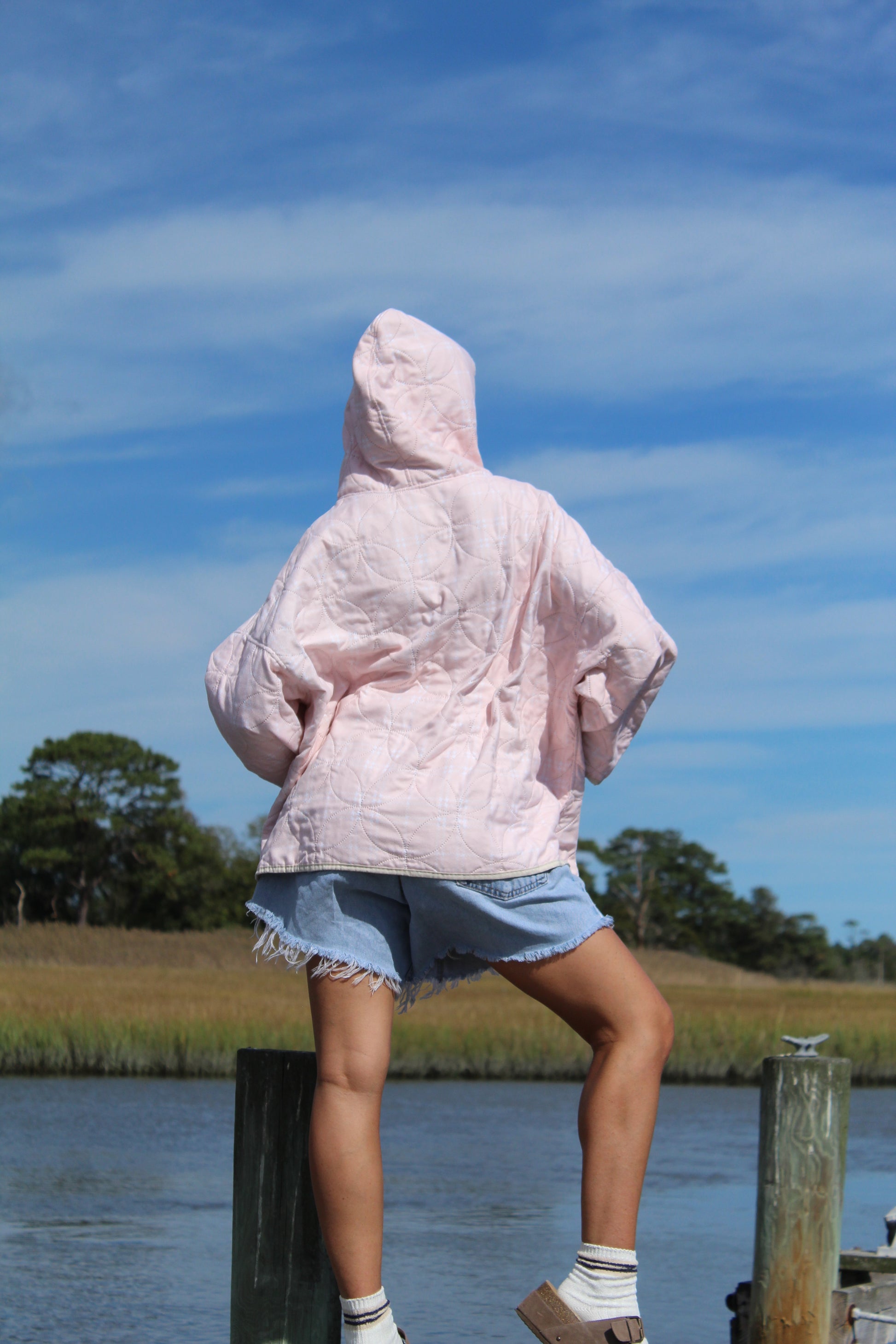 back view of  pink lightweight vintage quilted hoodie