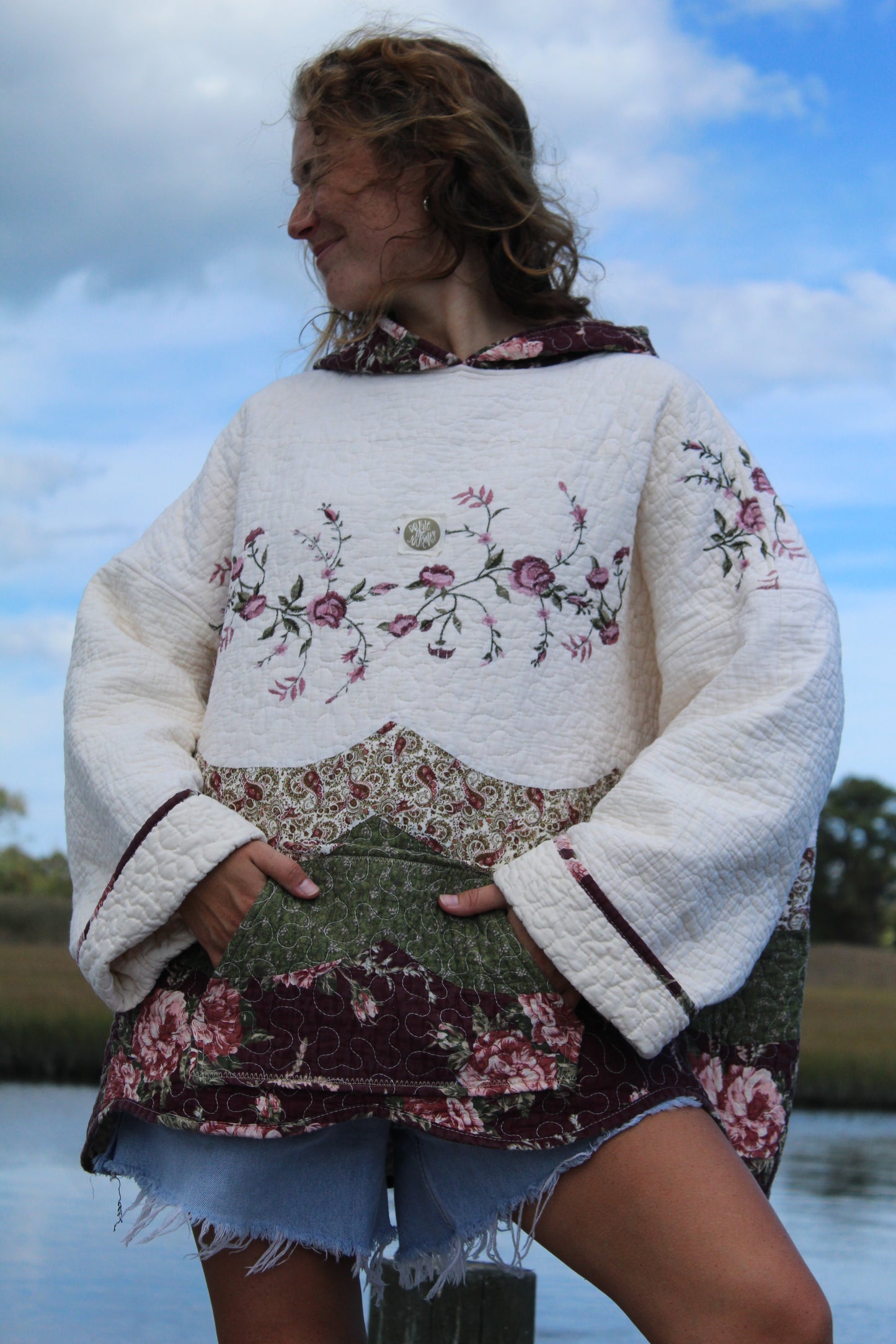 handmade vintage quilted hoodie with floral details and front pocket, warm and cozy for fall and winter
