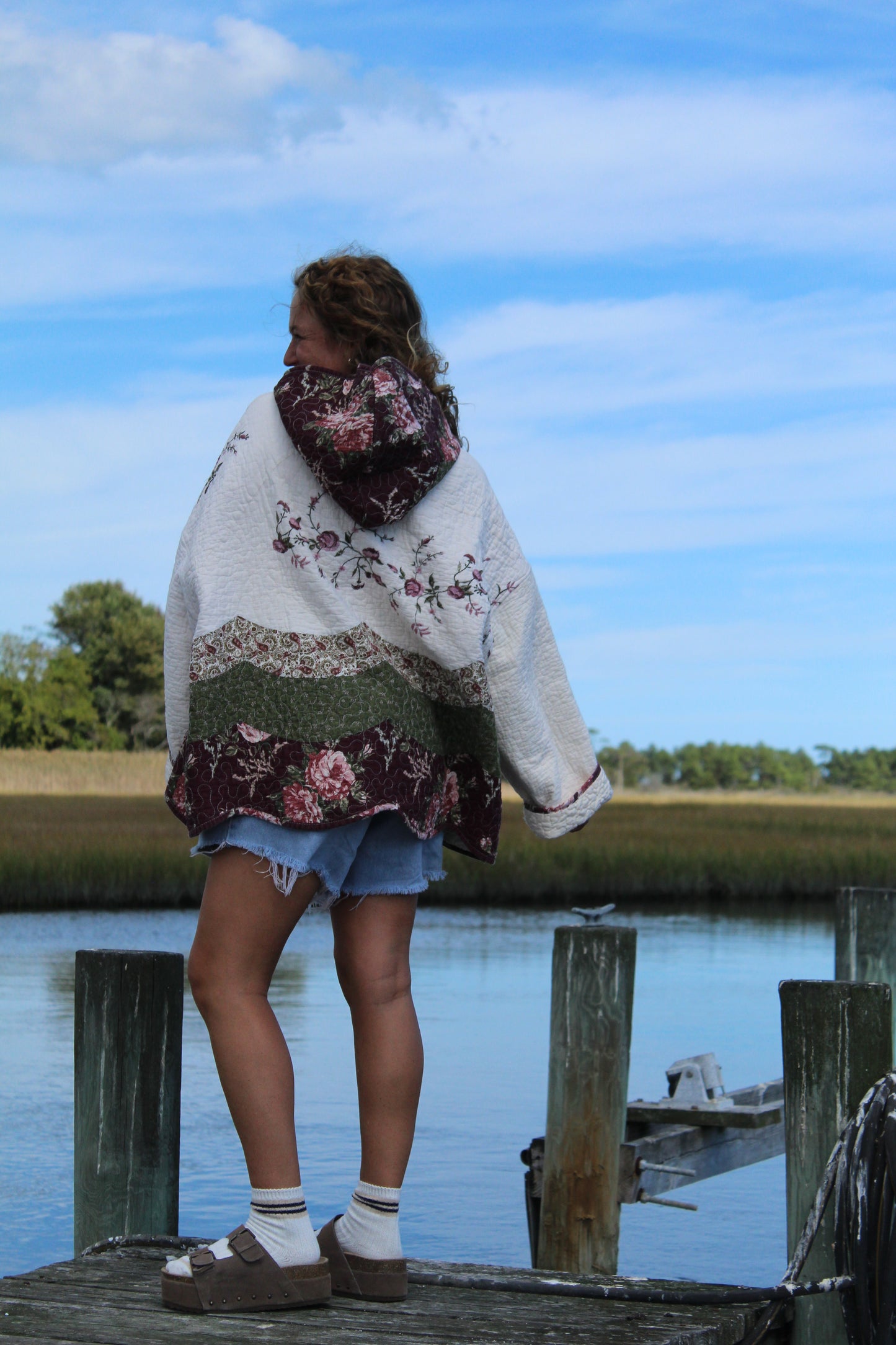 back view of vintage quilted hoodie with floral details
