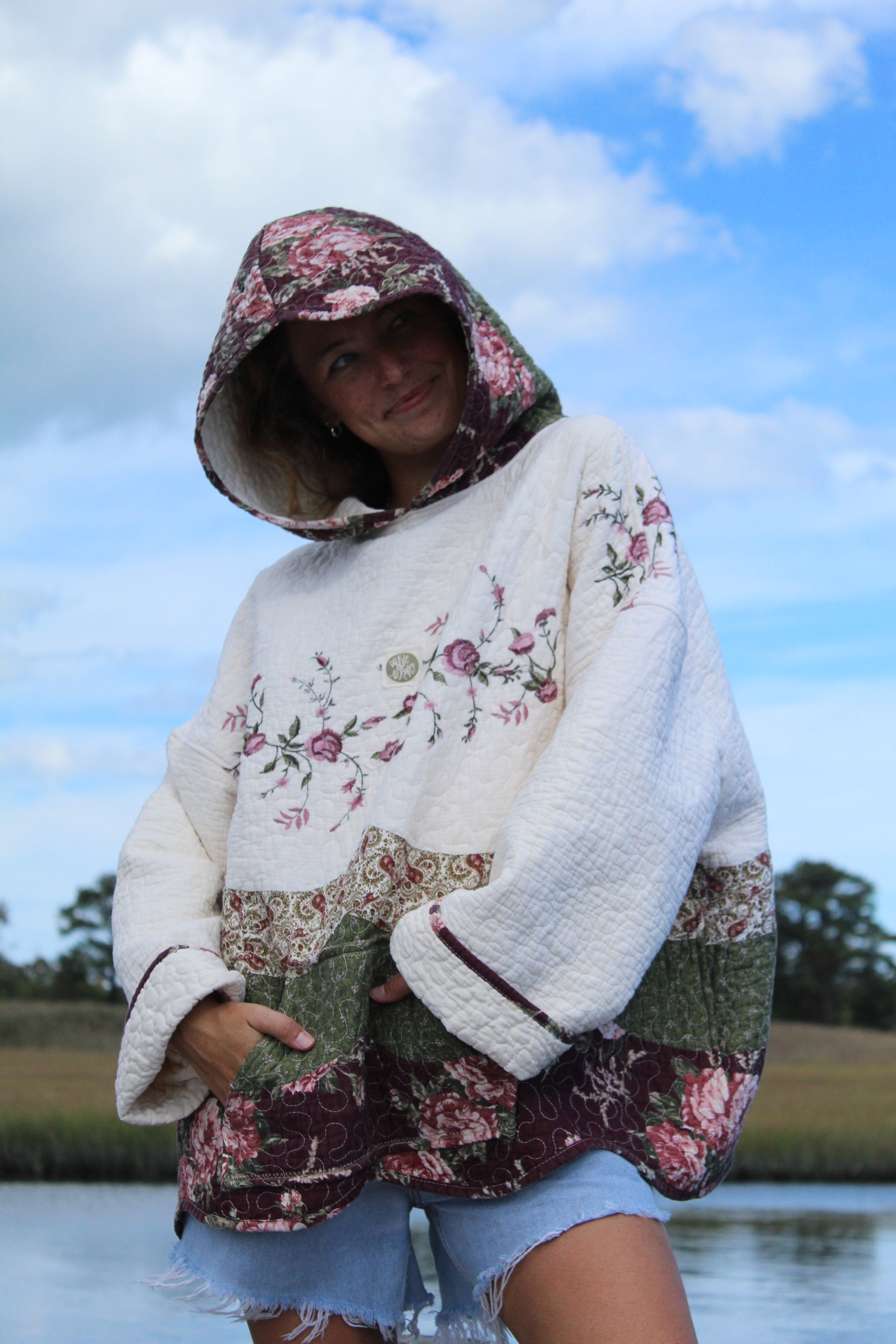 closer view of handmade quilted floral hoodie warm and cozy